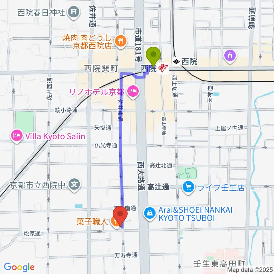 西院 和音堂の最寄駅西院駅からの徒歩ルート（約9分）地図