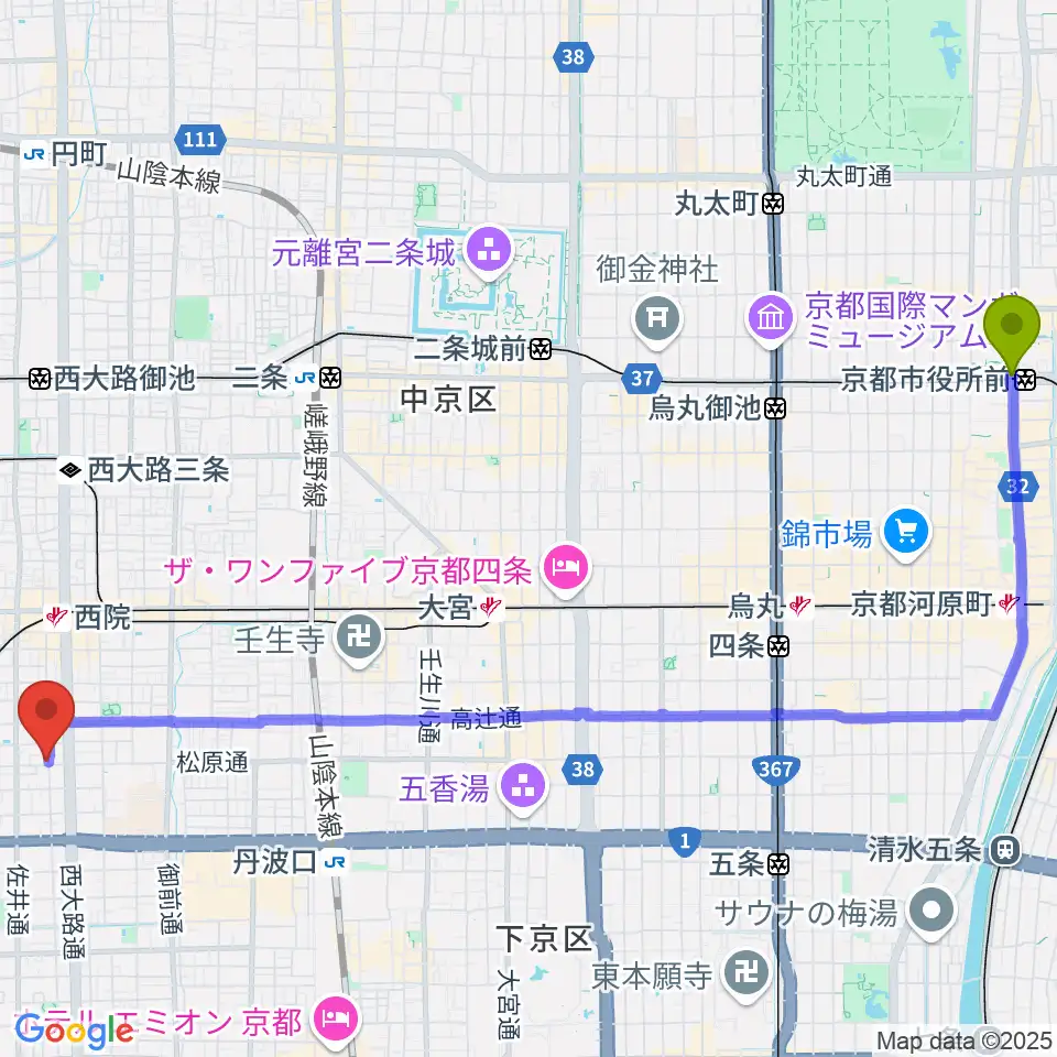京都市役所前駅から西院 和音堂へのルートマップ地図