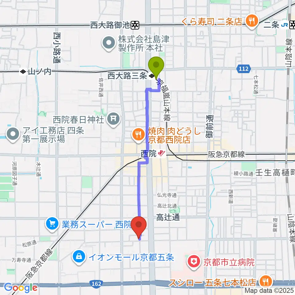 西大路三条駅から西院 和音堂へのルートマップ地図