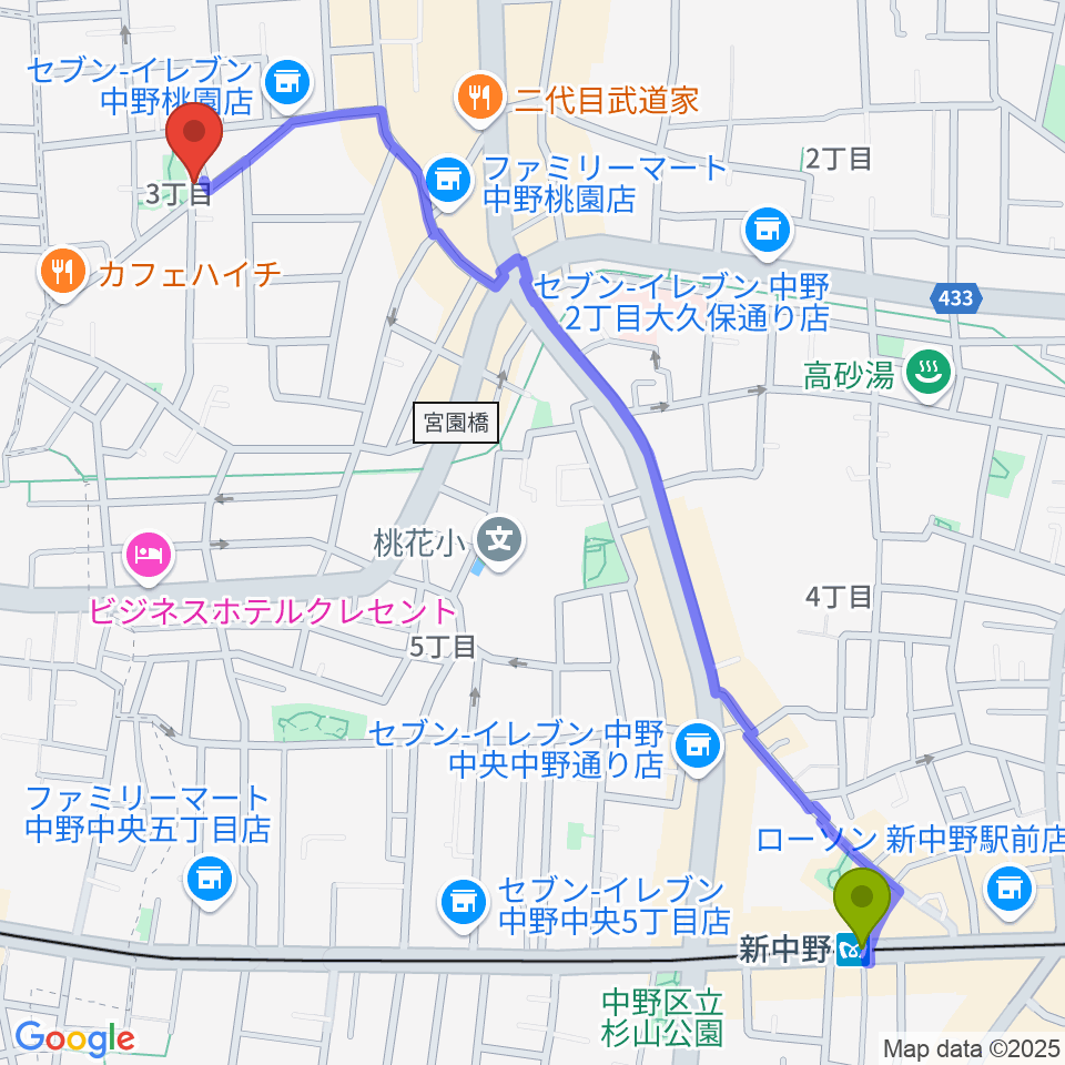 新中野駅から劇場HOPEへのルートマップ地図