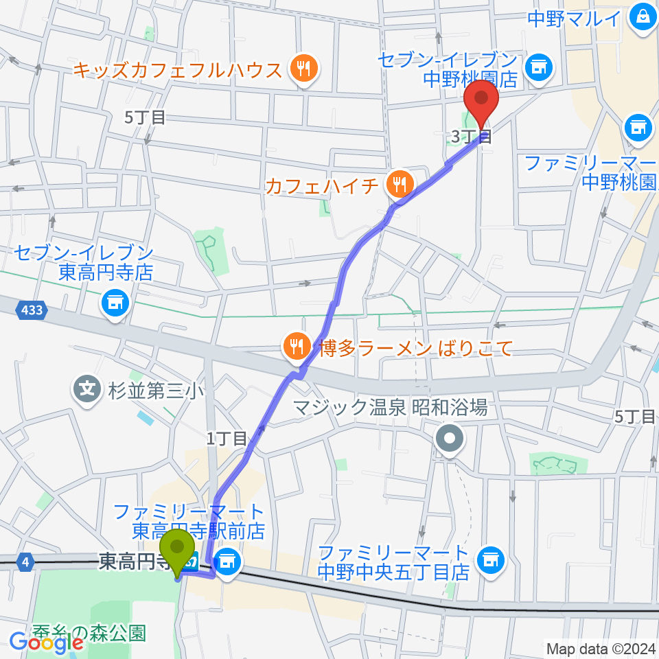 東高円寺駅から劇場HOPEへのルートマップ地図