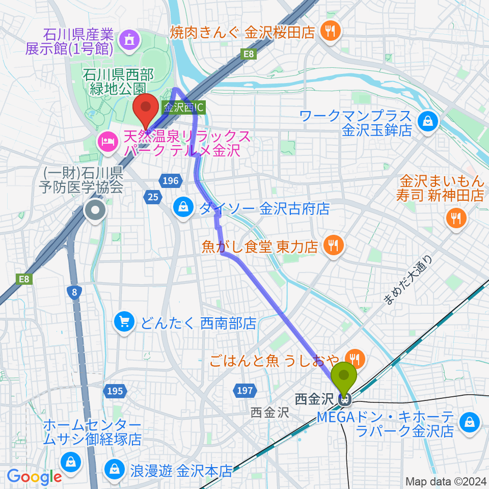 メロメロポッチの最寄駅西金沢駅からの徒歩ルート（約42分）地図