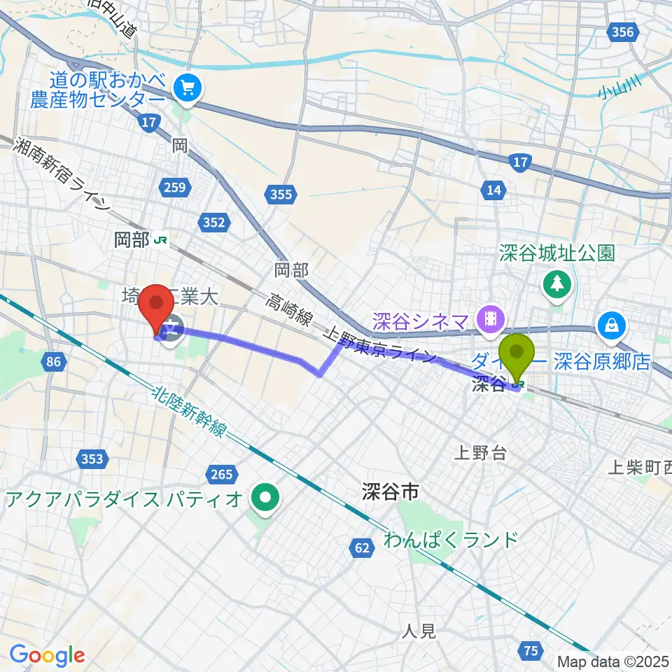 深谷駅から久保田ピアノ教室へのルートマップ地図