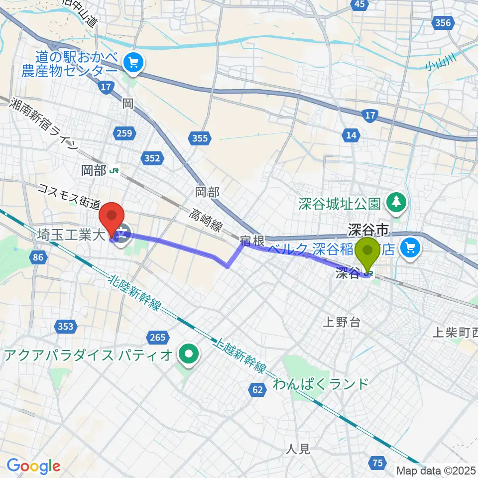 深谷駅から久保田ピアノ教室へのルートマップ地図