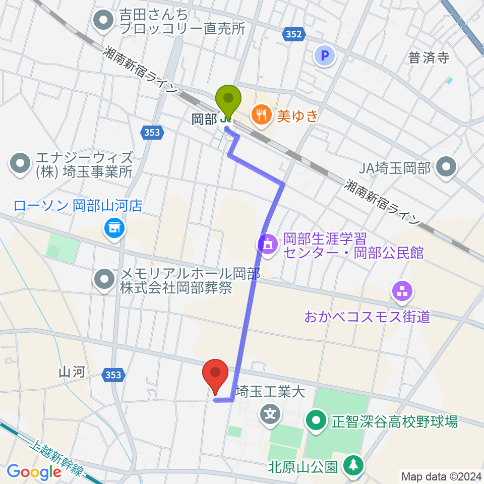 久保田ピアノ教室の最寄駅岡部駅からの徒歩ルート（約17分）地図