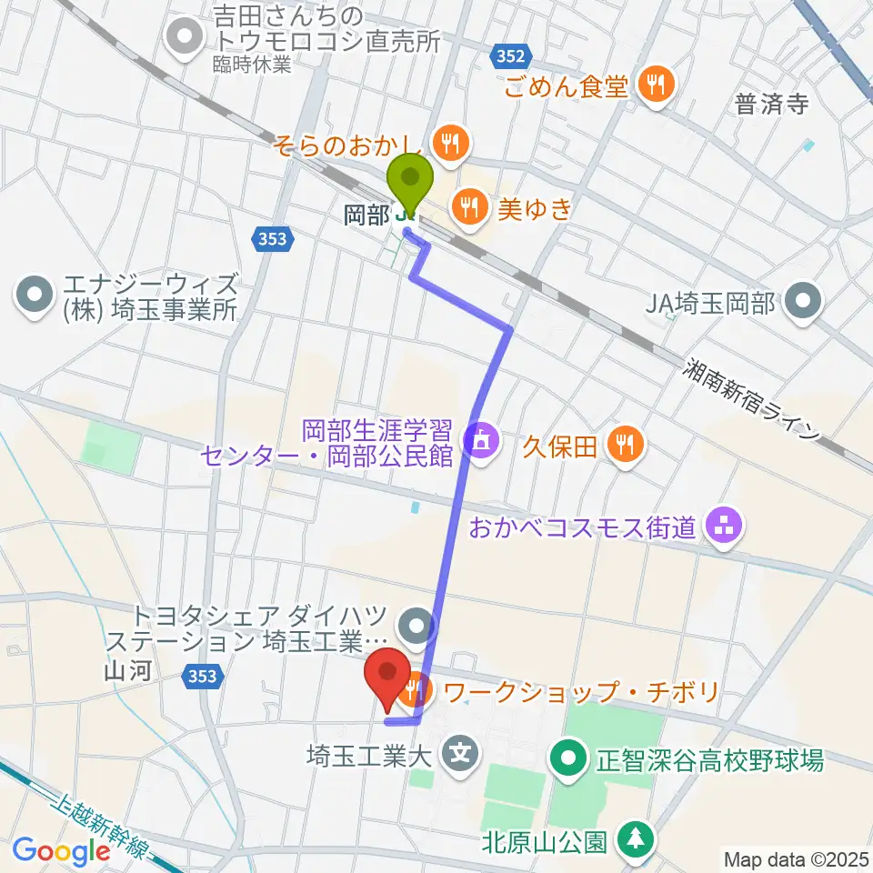 久保田ピアノ教室の最寄駅岡部駅からの徒歩ルート（約17分）地図