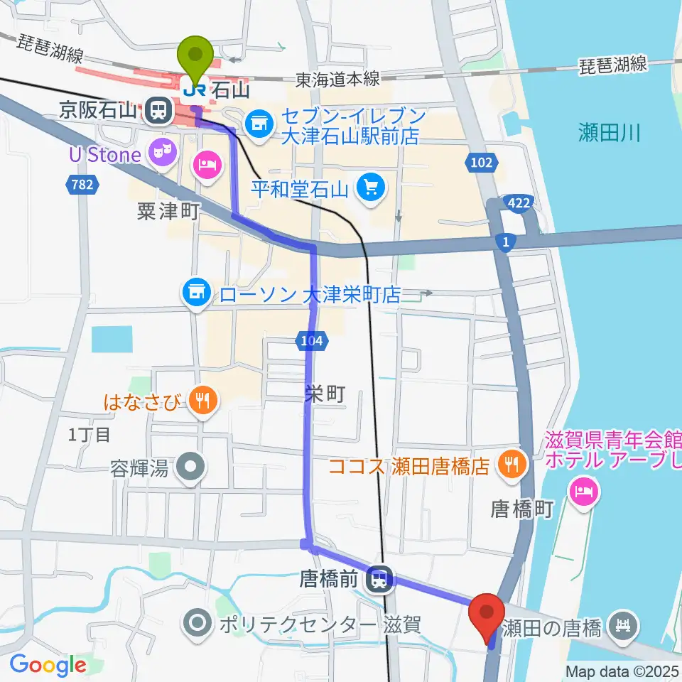 石山駅から大石ピアノ調律サービスへのルートマップ地図