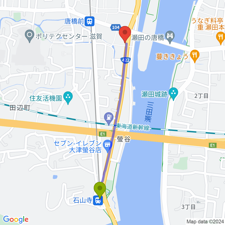 石山寺駅から大石ピアノ調律サービスへのルートマップ地図
