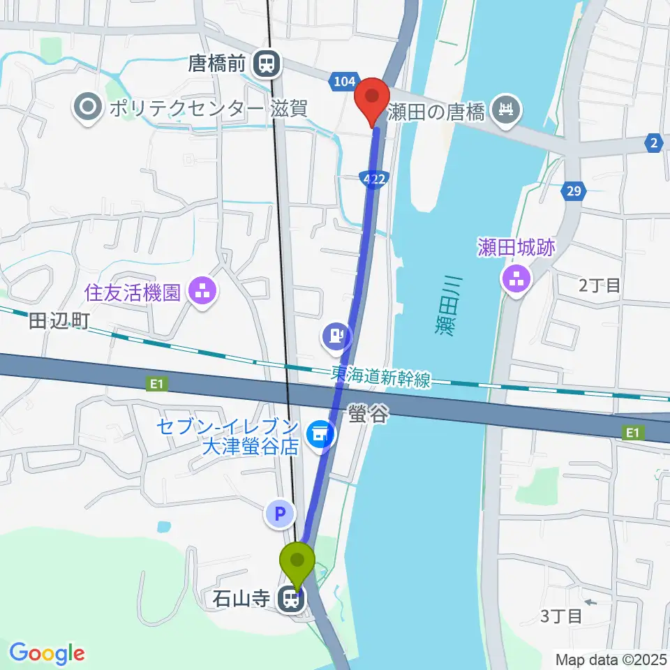 石山寺駅から大石ピアノ調律サービスへのルートマップ地図