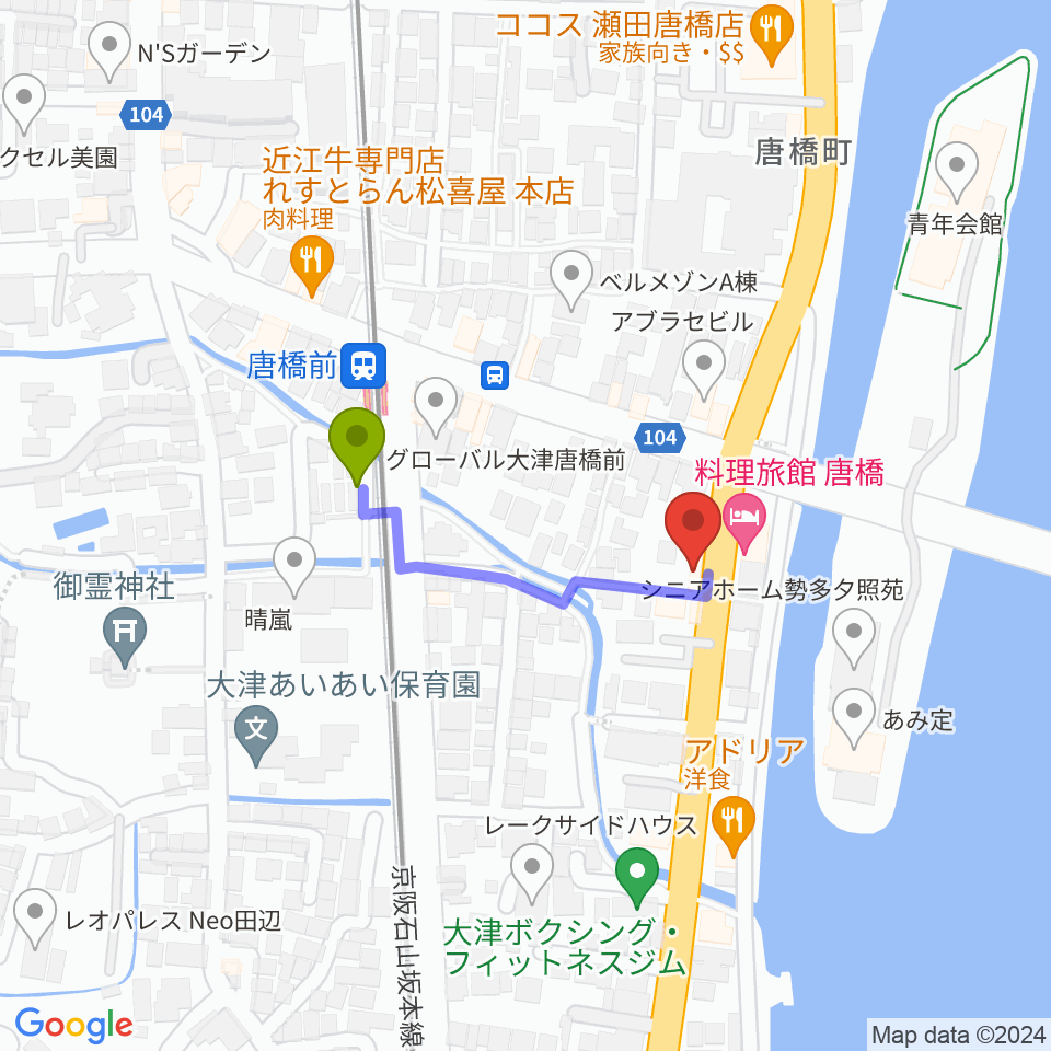 大石ピアノ調律サービスの最寄駅唐橋前駅からの徒歩ルート（約3分）地図