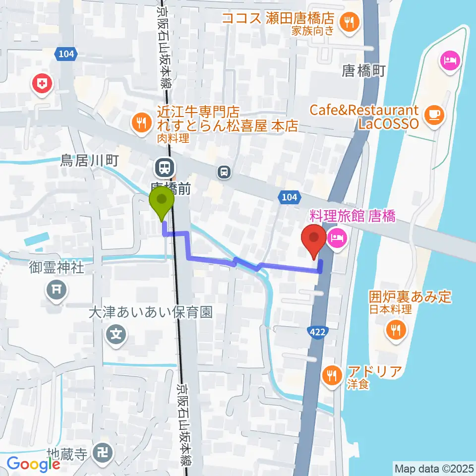 大石ピアノ調律サービスの最寄駅唐橋前駅からの徒歩ルート（約3分）地図
