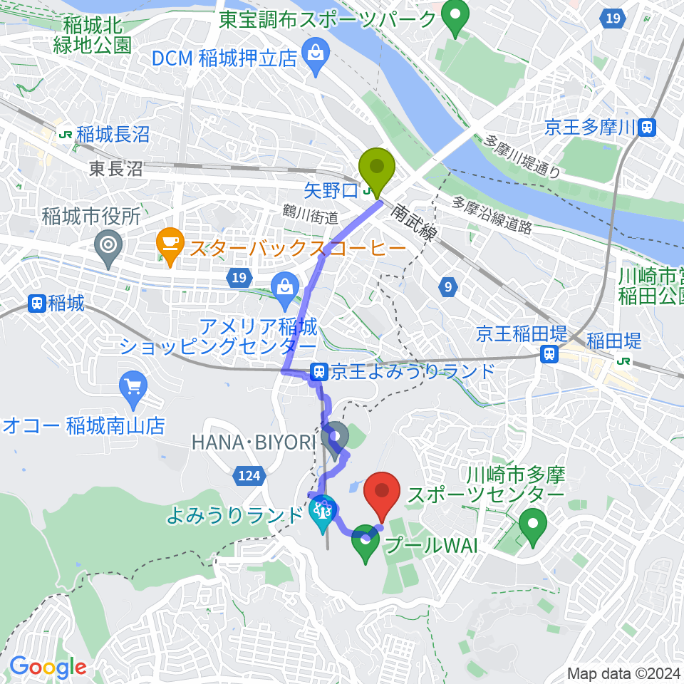 矢野口駅からよみうりランド 日テレらんらんホールへのルートマップ Mdata