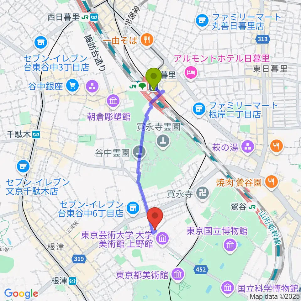 日暮里駅から上野Untitledへのルートマップ地図