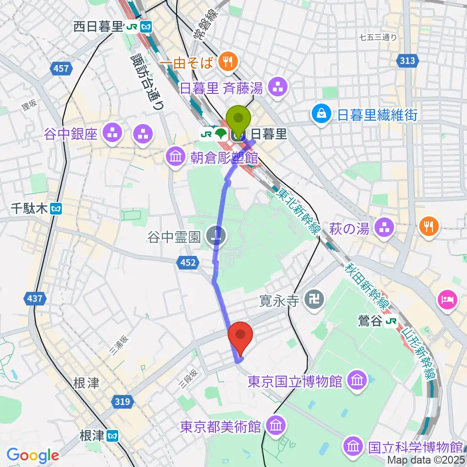 日暮里駅から上野Untitledへのルートマップ地図