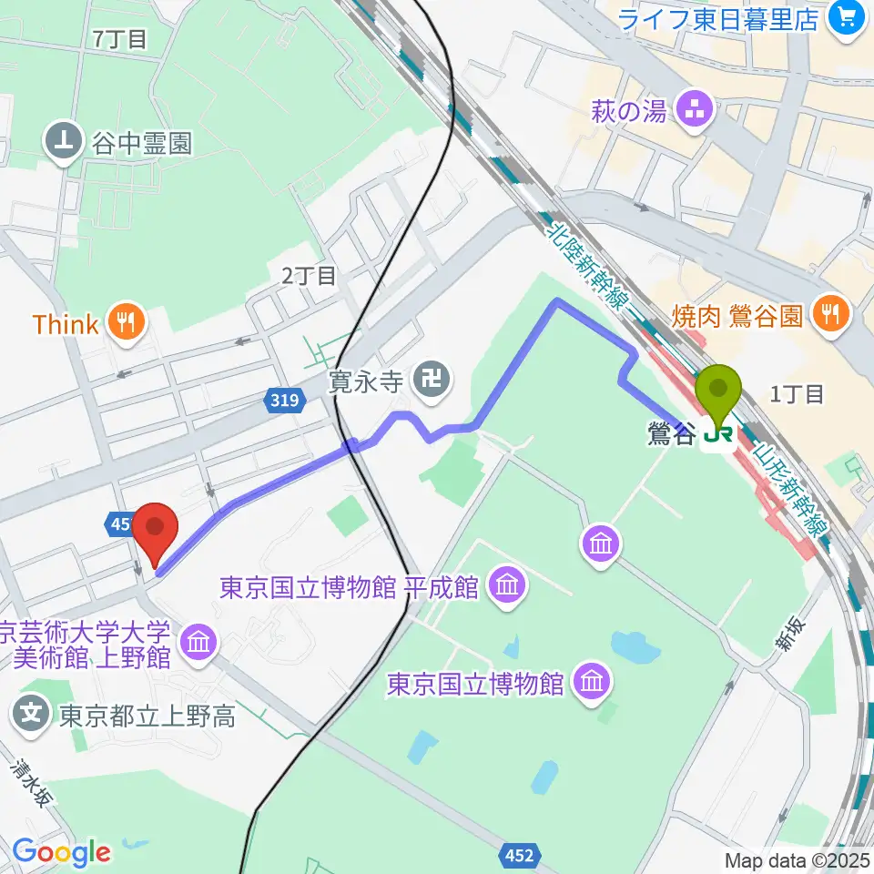 鶯谷駅から上野Untitledへのルートマップ地図