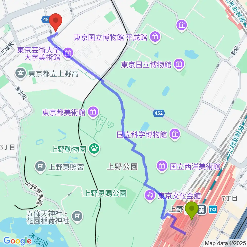 上野駅から上野Untitledへのルートマップ地図