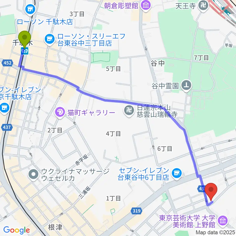 千駄木駅から上野Untitledへのルートマップ地図