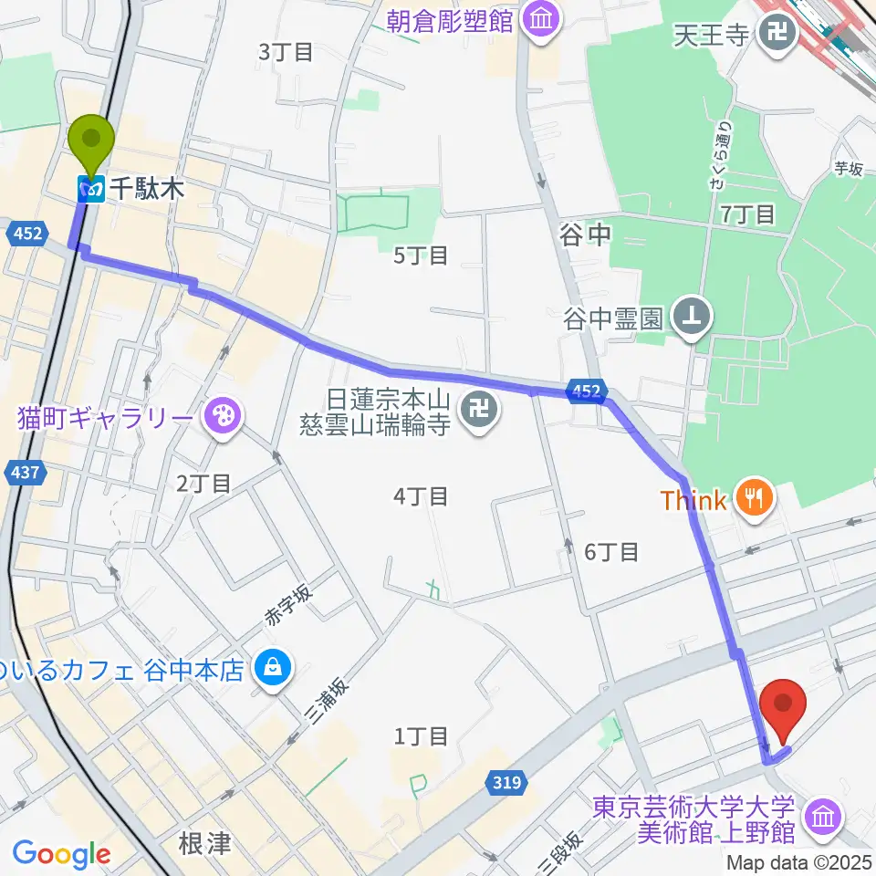 千駄木駅から上野Untitledへのルートマップ地図