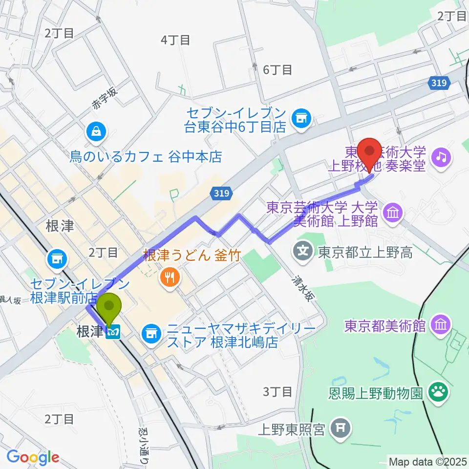 上野Untitledの最寄駅根津駅からの徒歩ルート（約10分）地図