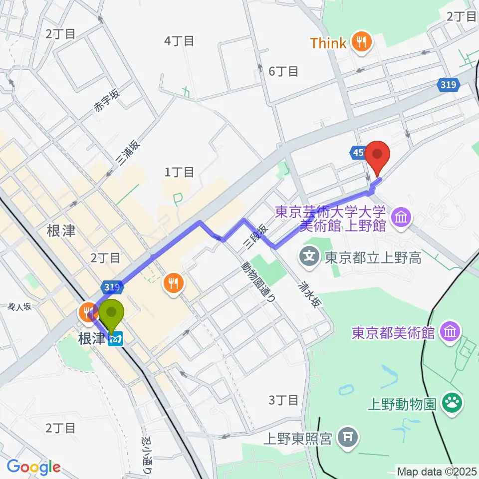 上野Untitledの最寄駅根津駅からの徒歩ルート（約10分）地図