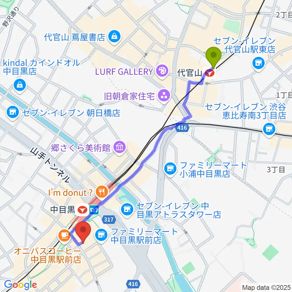 代官山駅から中目黒GTプラザホールへのルートマップ地図