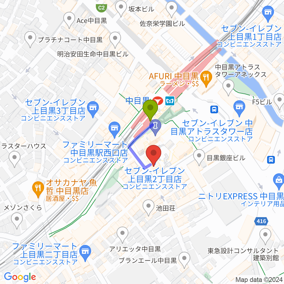 中目黒GTプラザホールの最寄駅中目黒駅からの徒歩ルート（約1分）地図