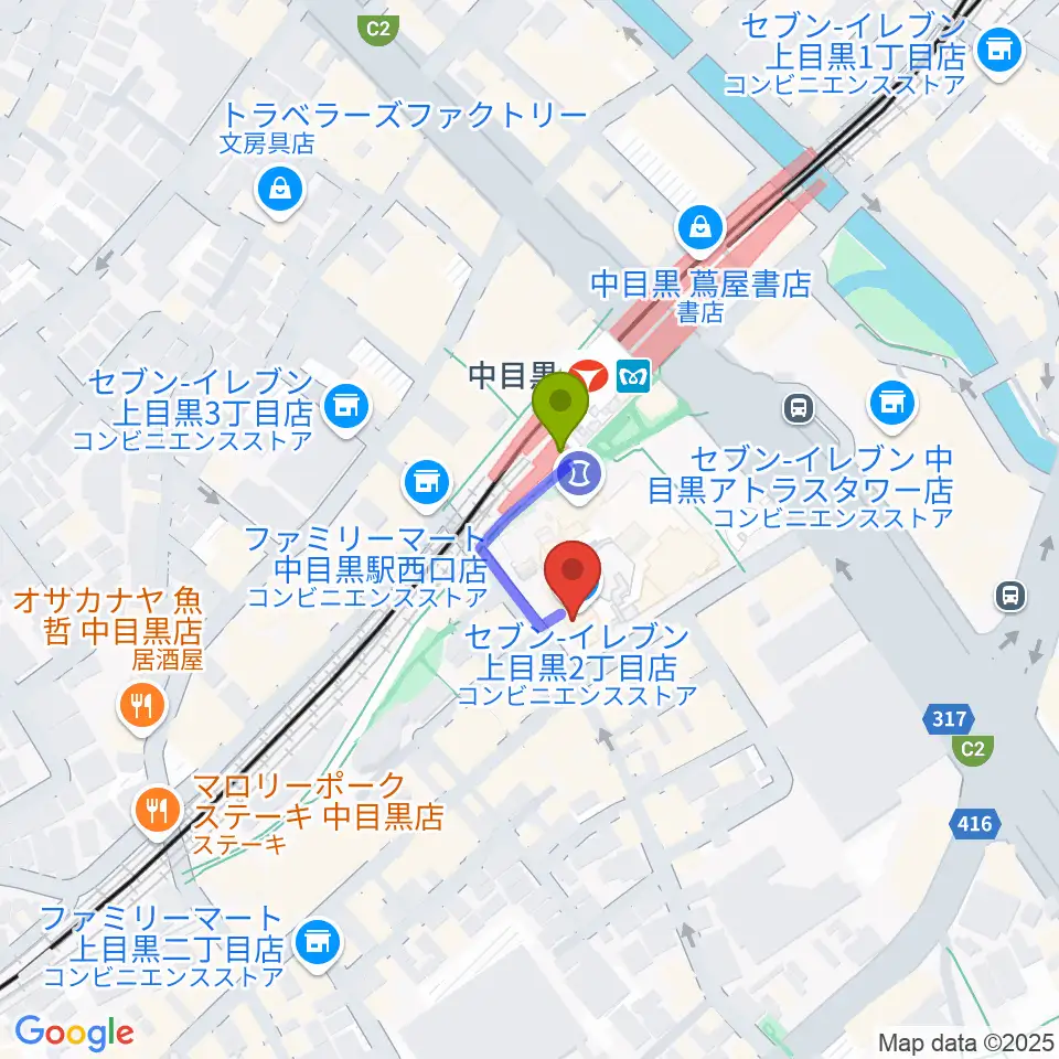 中目黒GTプラザホールの最寄駅中目黒駅からの徒歩ルート（約1分）地図