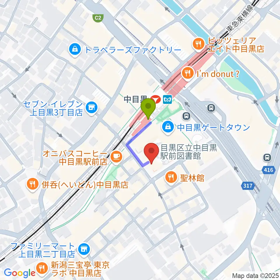 中目黒GTプラザホールの最寄駅中目黒駅からの徒歩ルート（約1分）地図