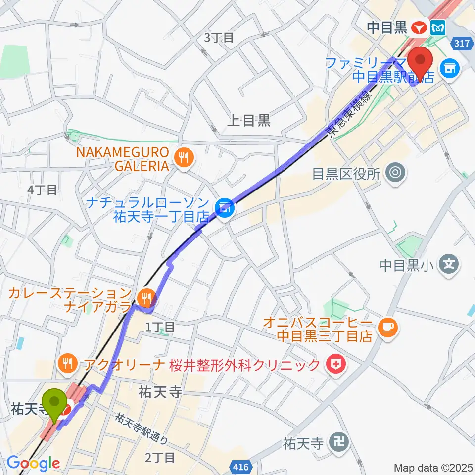 祐天寺駅から中目黒GTプラザホールへのルートマップ地図