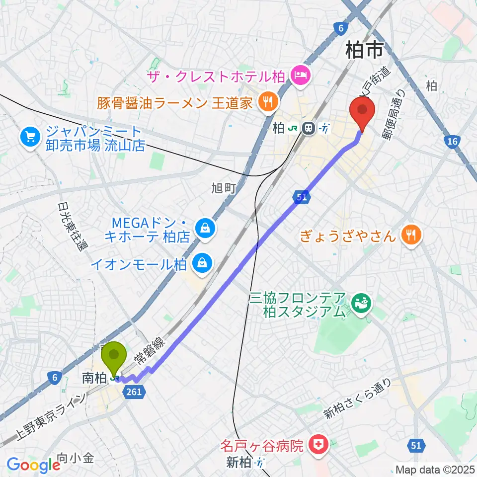 南柏駅からボイストレーニング柏2へのルートマップ地図