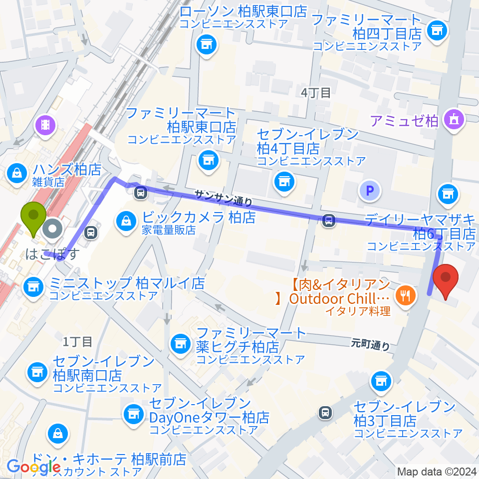 ボイストレーニング柏2の最寄駅柏駅からの徒歩ルート（約7分）地図