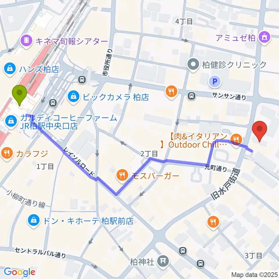 ボイストレーニング柏2の最寄駅柏駅からの徒歩ルート（約7分）地図
