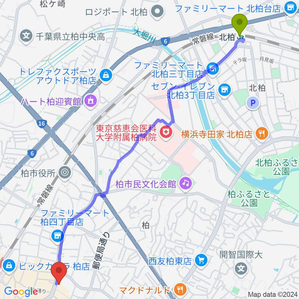 北柏駅からボイストレーニング柏2へのルートマップ地図