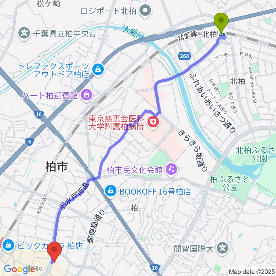 北柏駅からボイストレーニング柏2へのルートマップ地図
