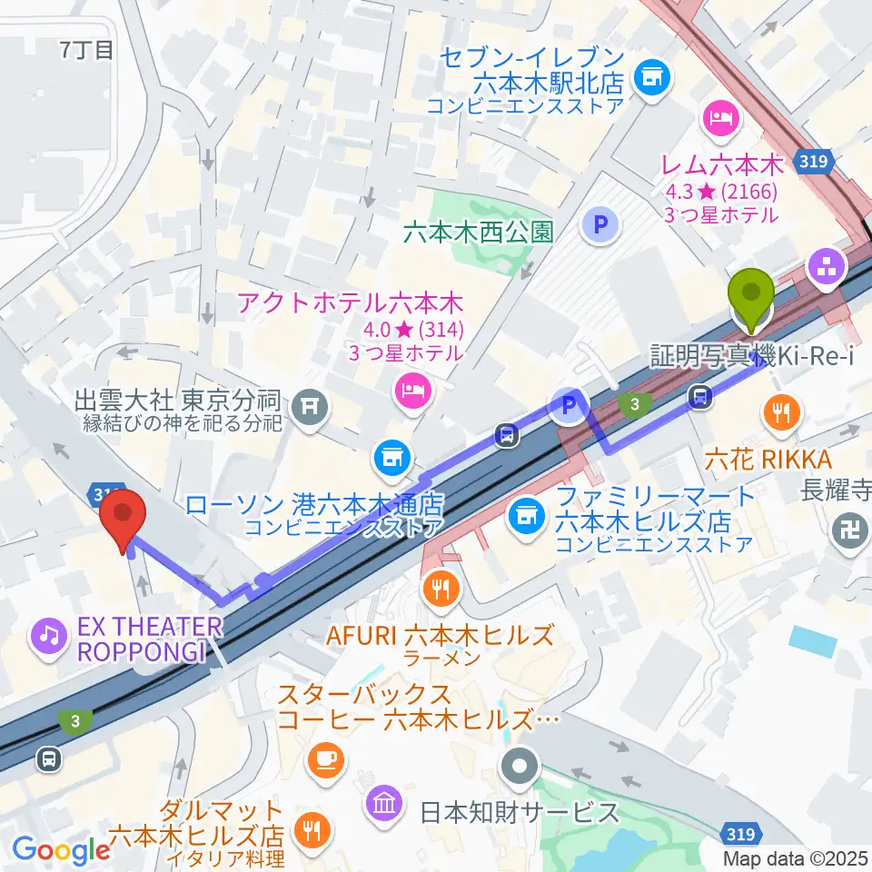 EXスタジオ六本木の最寄駅六本木駅からの徒歩ルート（約6分）地図