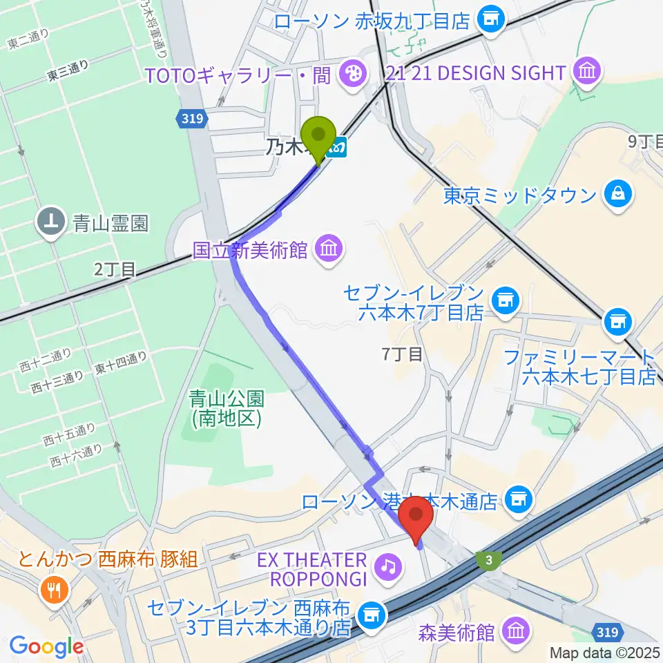乃木坂駅からEXスタジオ六本木へのルートマップ地図