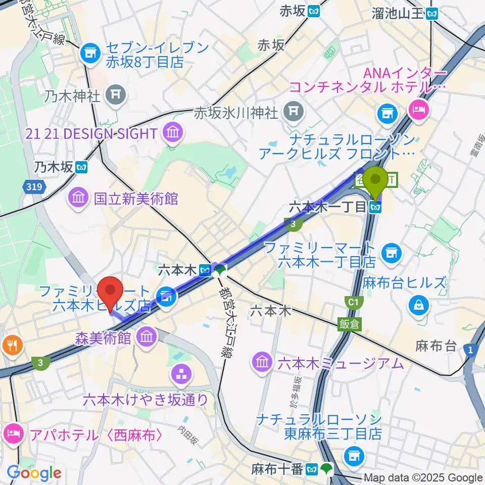 六本木一丁目駅からEXスタジオ六本木へのルートマップ地図