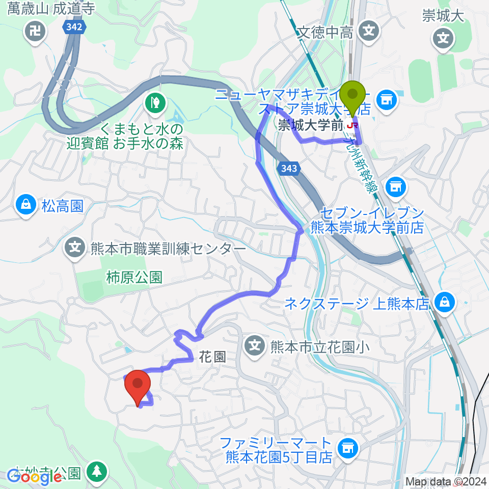 崇城大学前駅からなっちゃん先生の声楽・ピアノ教室へのルートマップ地図