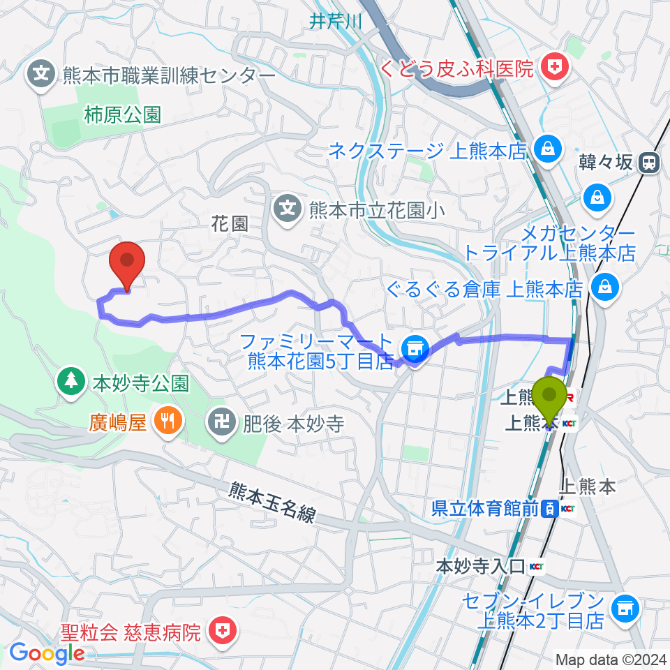 なっちゃん先生の声楽・ピアノ教室の最寄駅上熊本駅からの徒歩ルート（約21分）地図