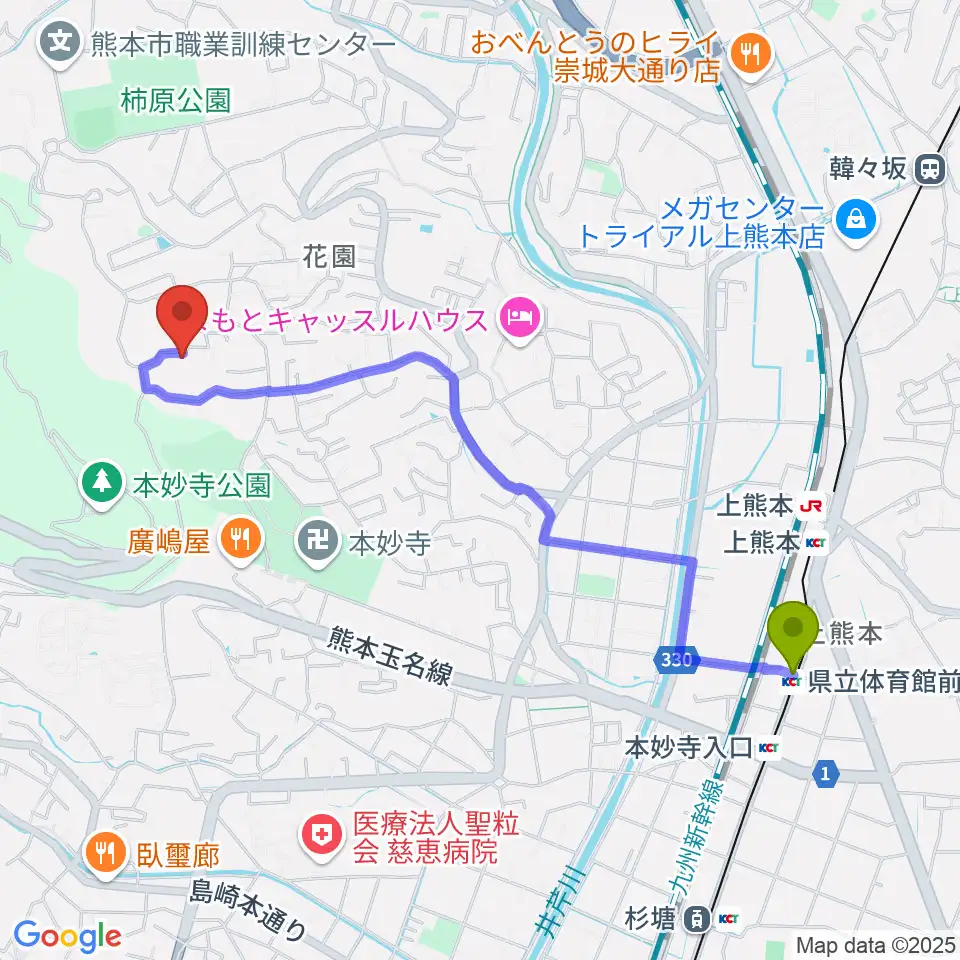 県立体育館前駅からなっちゃん先生の声楽・ピアノ教室へのルートマップ地図