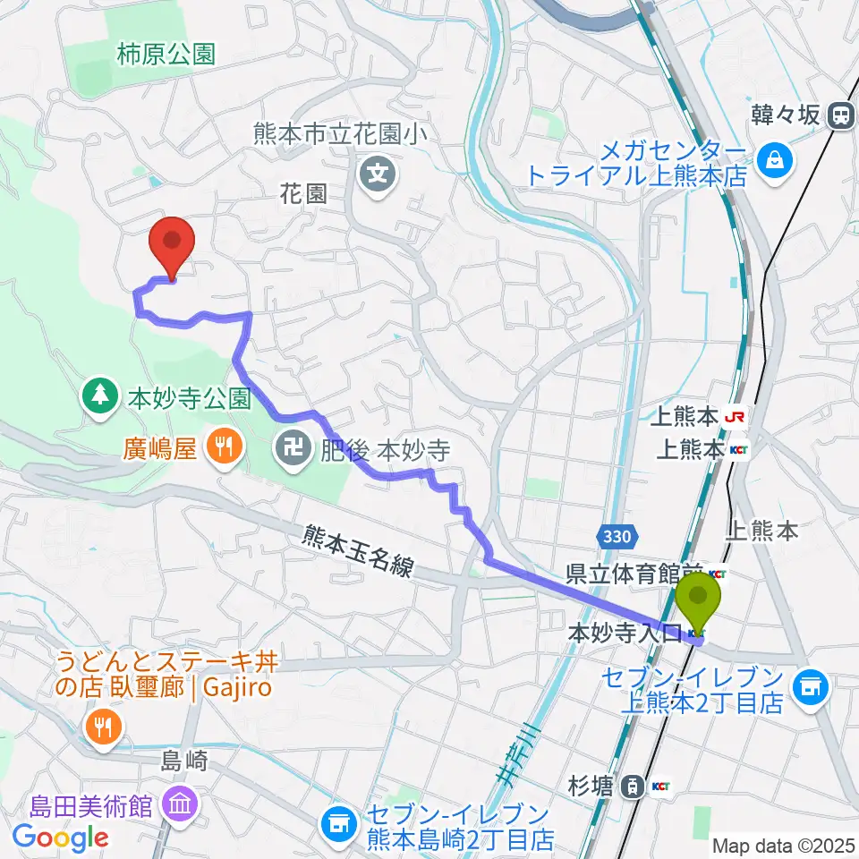 本妙寺入口駅からなっちゃん先生の声楽・ピアノ教室へのルートマップ地図