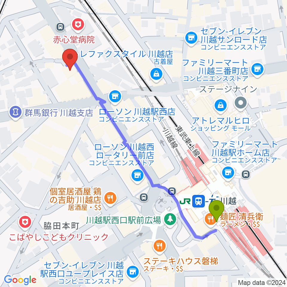 Voce ヴォーチェの最寄駅川越駅からの徒歩ルート（約6分）地図