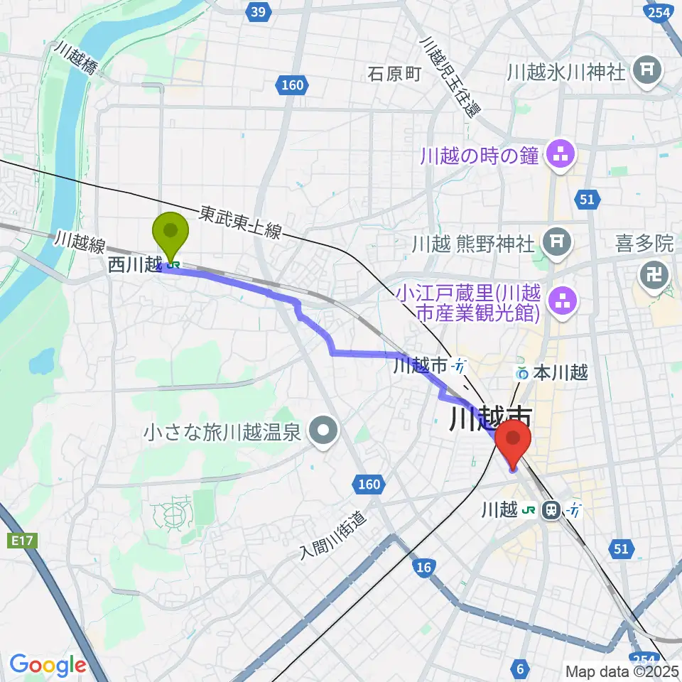 西川越駅からVoce ヴォーチェへのルートマップ地図