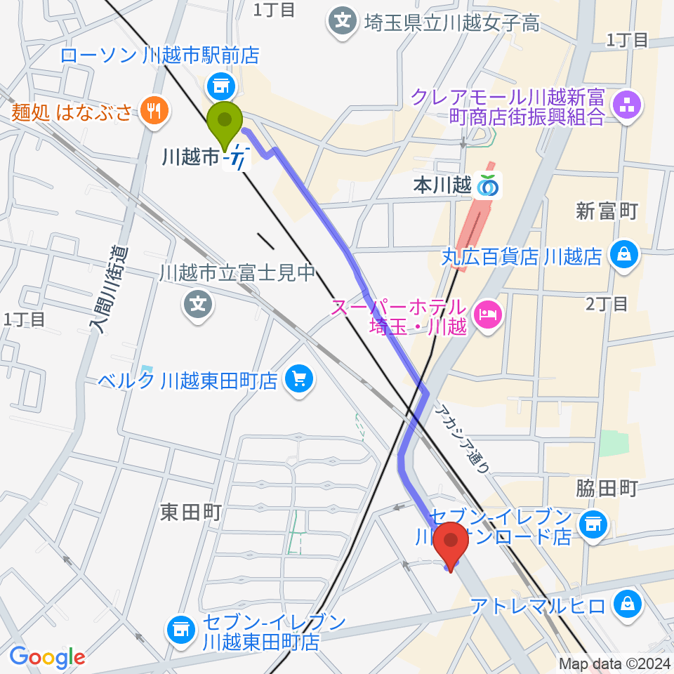 川越市駅からボイストレーニングスクールVoce(ヴォーチェ)へのルートマップ地図