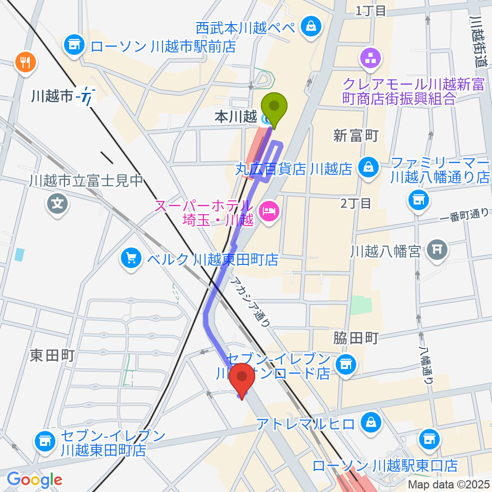 本川越駅からVoce ヴォーチェへのルートマップ地図