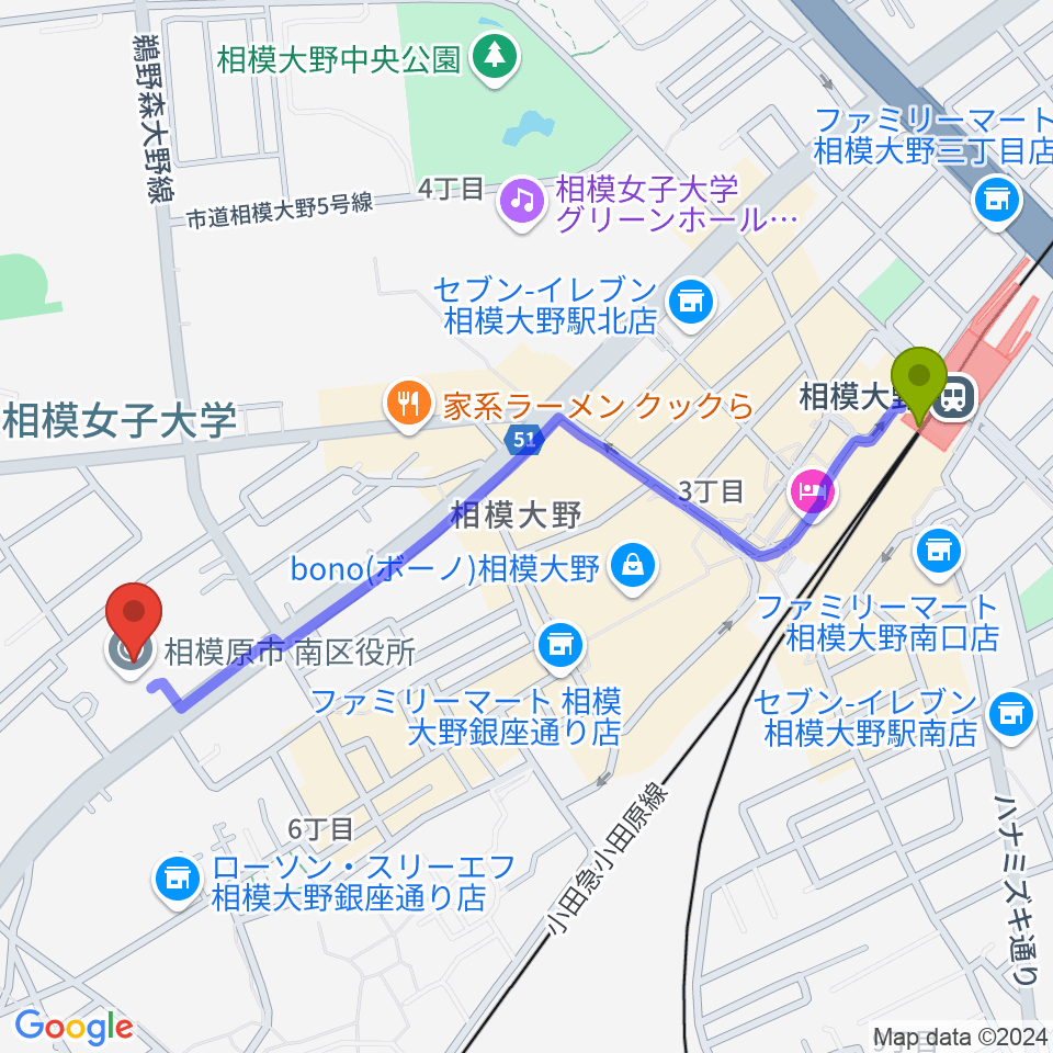 相模原南市民ホールの最寄駅相模大野駅からの徒歩ルート（約12分）地図