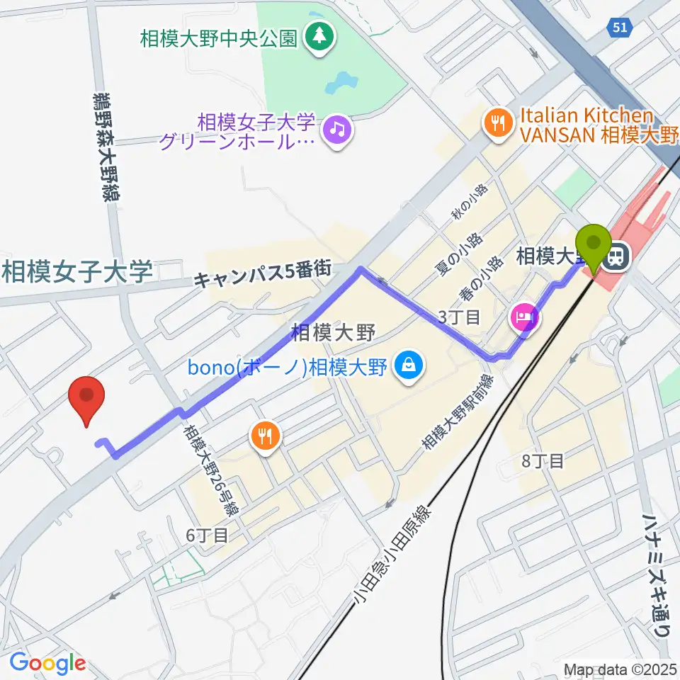 相模原南市民ホールの最寄駅相模大野駅からの徒歩ルート（約12分）地図