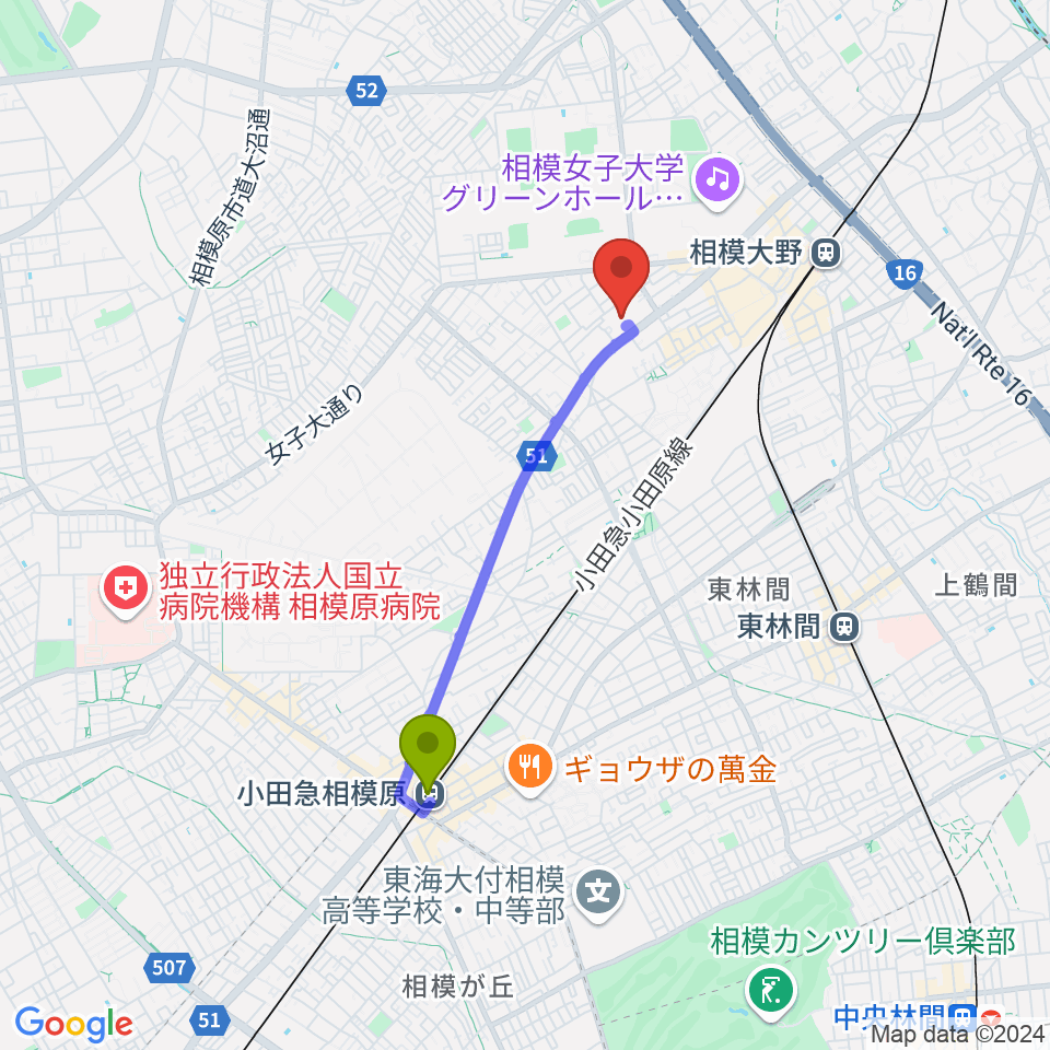 小田急相模原駅から相模原南市民ホールへのルートマップ地図