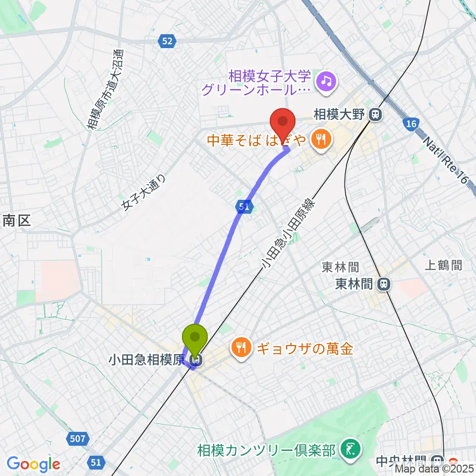 小田急相模原駅から相模原南市民ホールへのルートマップ地図