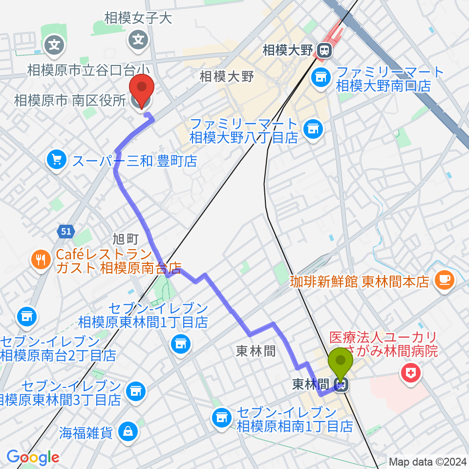 東林間駅から相模原南市民ホールへのルートマップ地図